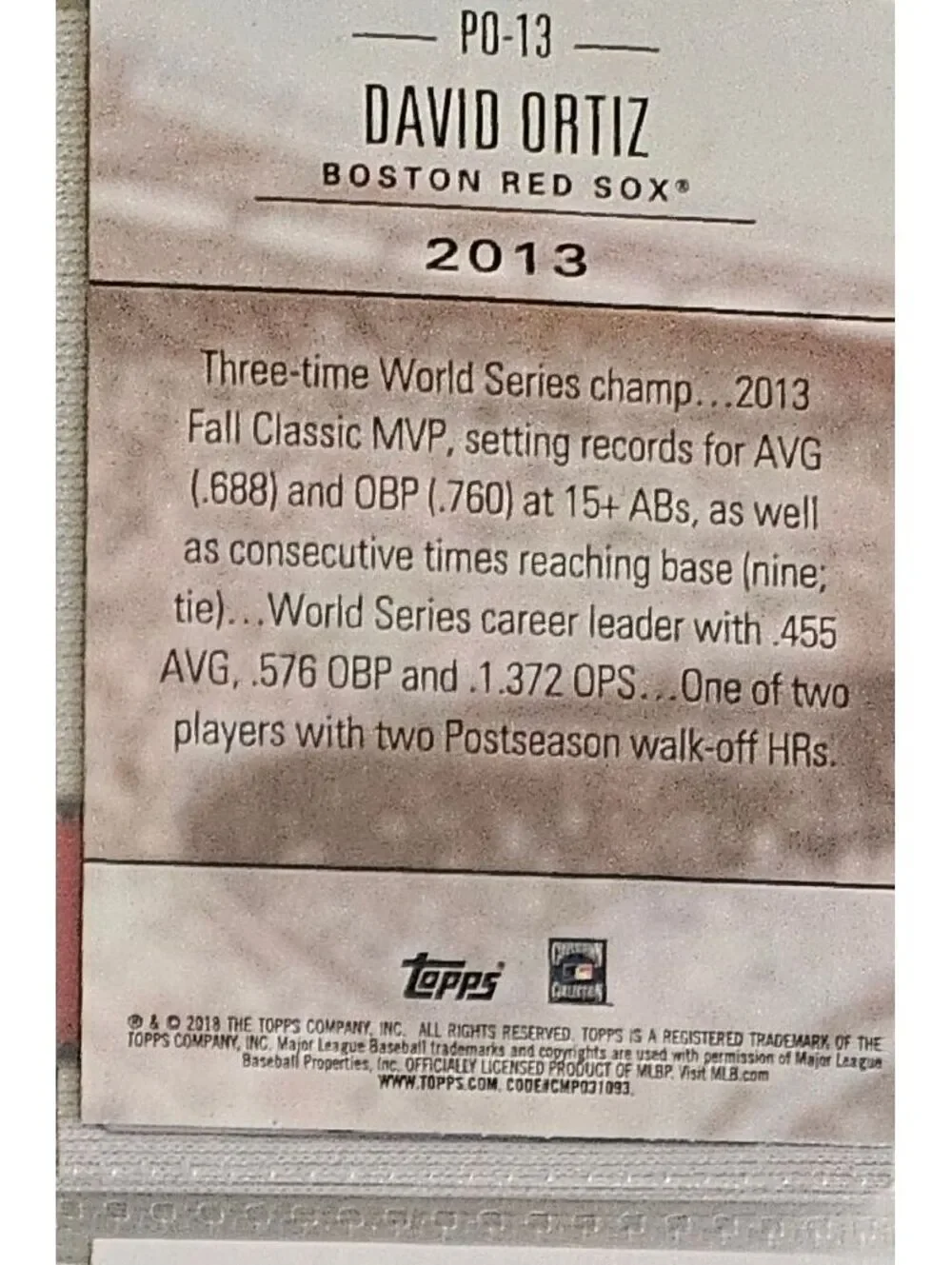 2018 Topps Postseason Preeminence insert PO-13 David Ortiz Boston Red Sox 2013 - Picture 2 of 2